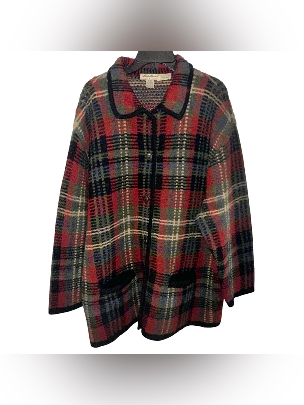 Vtg 90s Eddie Bauer Women’s XXL Tartan Plaid Lambswool Coatigan Jacket Flannel